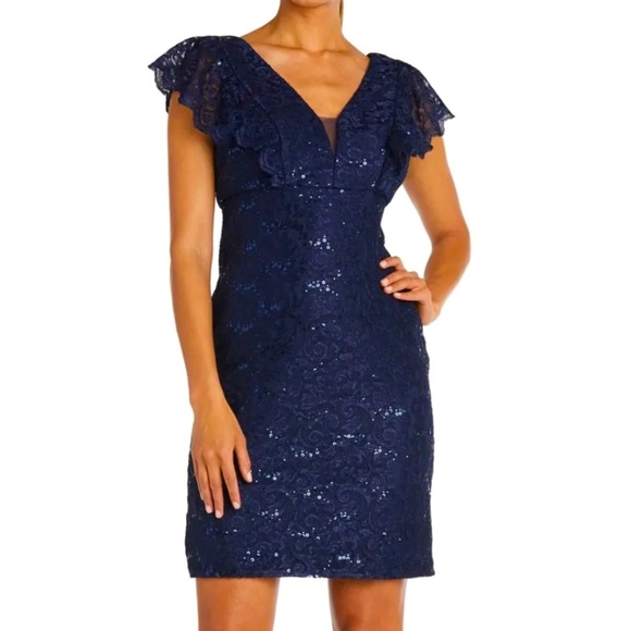 Women’s Formal Dress Size 14 NIGHTWAY Navy Sequins Flutter Sleeve Short Evening - Picture 3 of 6